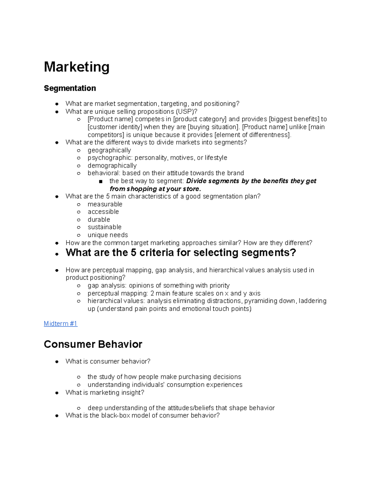 MKTG 201 - Notes up to midterm 1 - Marketing Segmentation What are ...