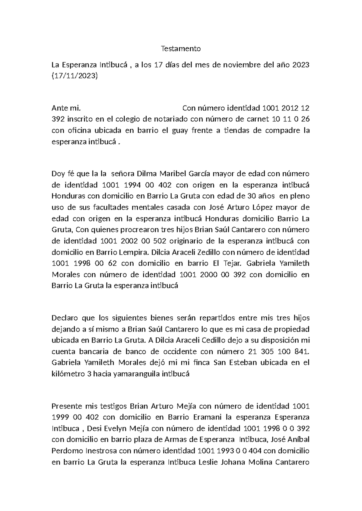 Testamento Cerrado - Presentación y Distribución de Bienes - Studocu