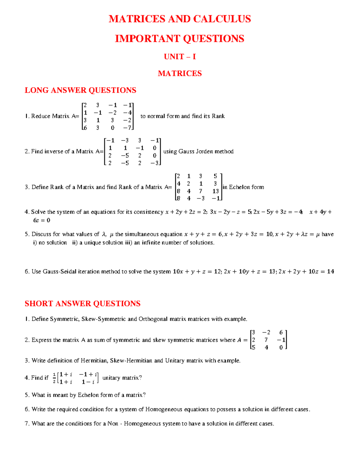 MATRICES AND CALCULUS QUESTION BANK: UNIT I TO UNIT IV - Studocu