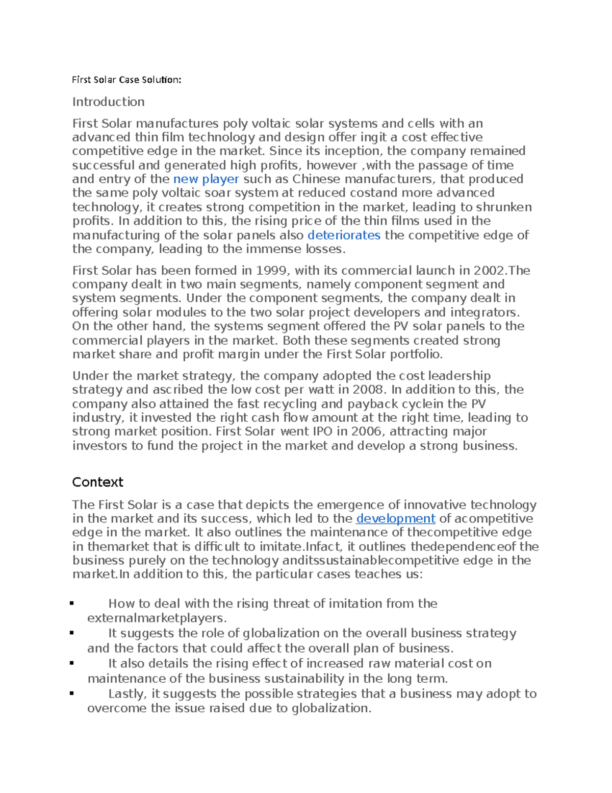 First Solar Case Study Analysis and Competitive Edge Strategy - Studocu