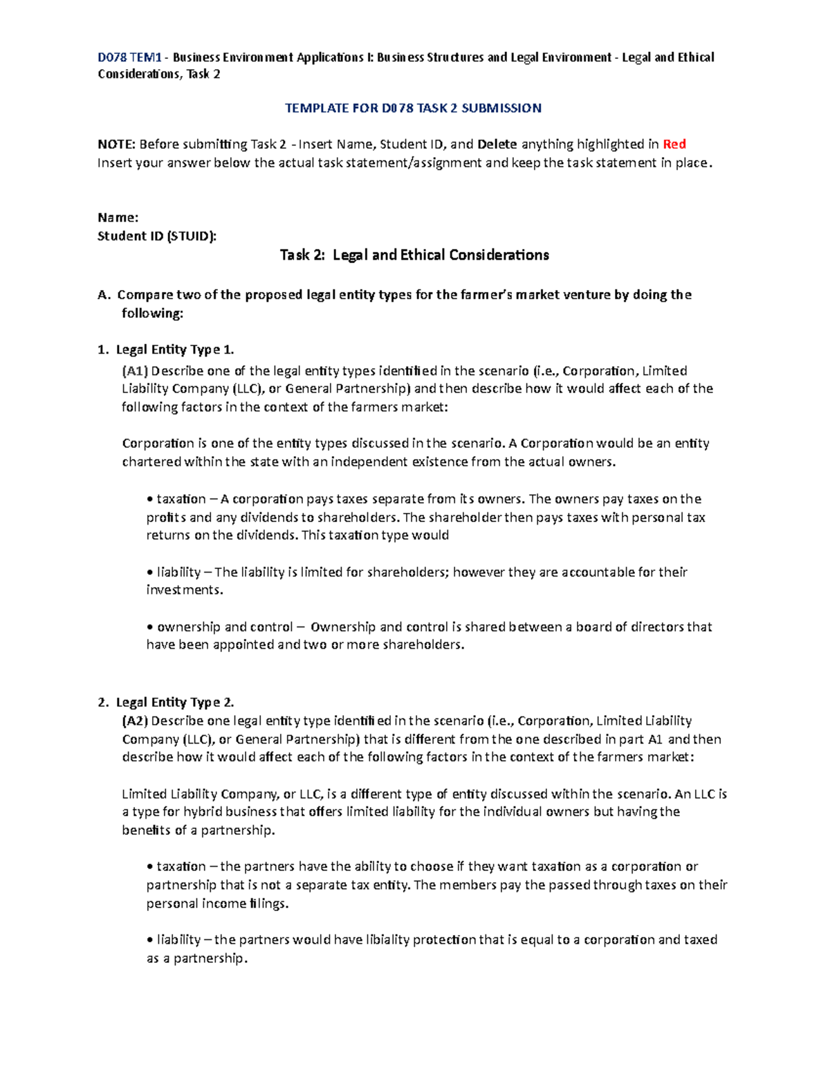 D078 Task 2 Outline: Legal & Ethical Considerations for Farmers Market ...