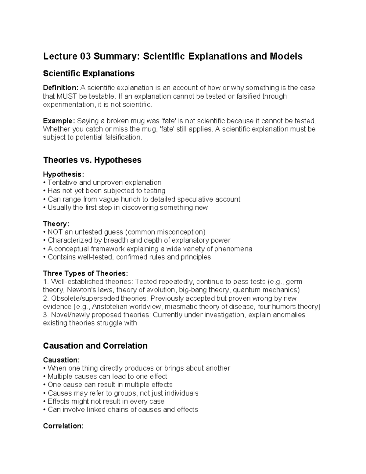 L03 Lecture Summary: Scientific Explanations & Models - Studocu