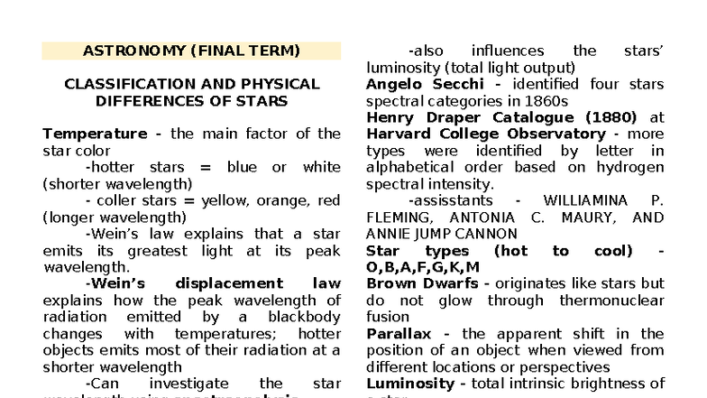 Astronomy ( Final TERM) - ASTRONOMY (FINAL TERM) CLASSIFICATION AND ...