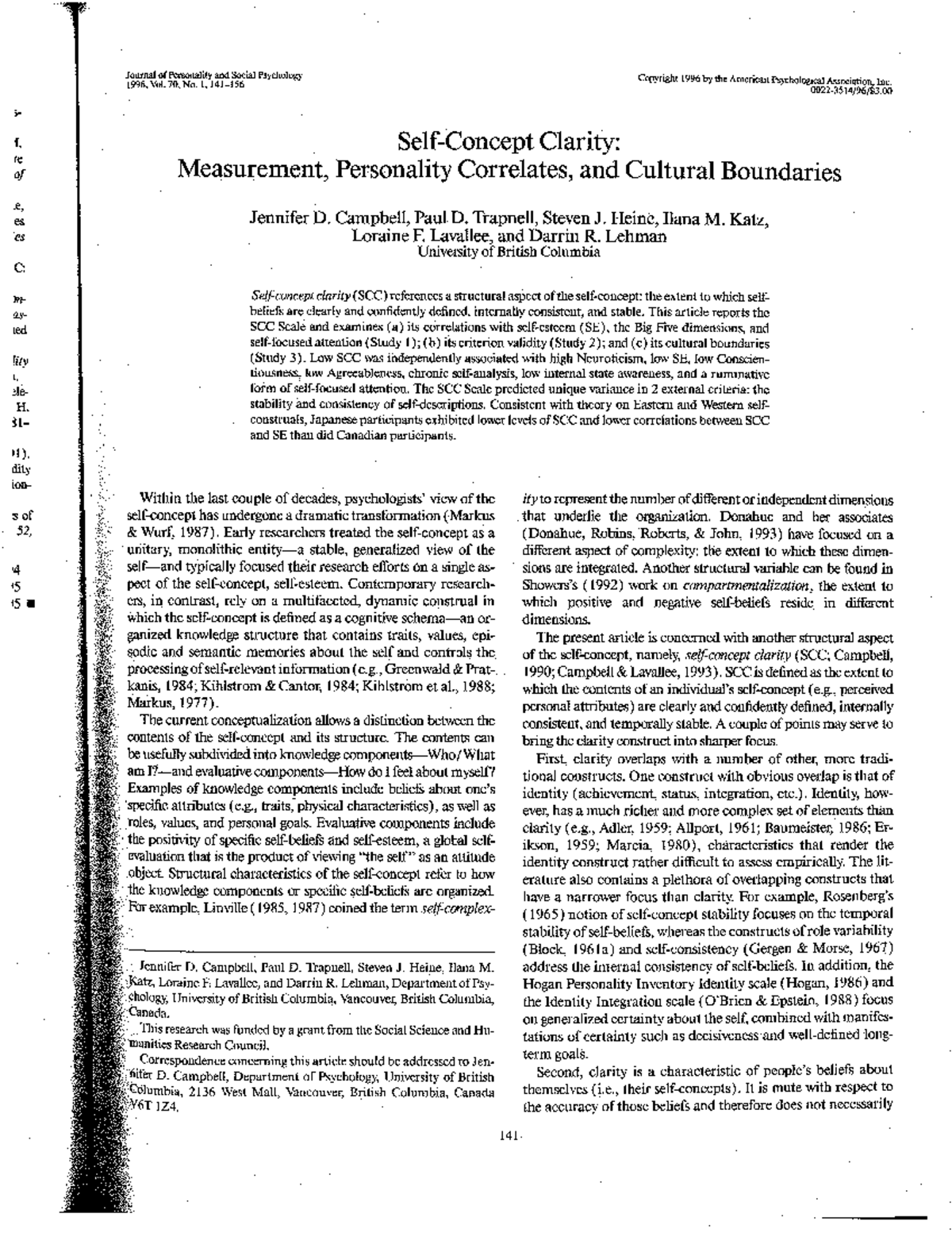 SCC Scale: Measurement Clarity, Personality Correlates, and Cultural ...