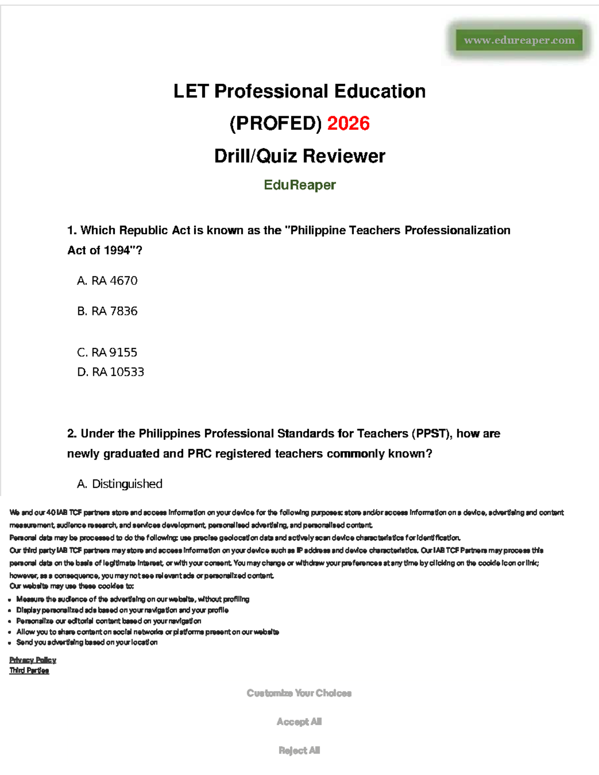 LET Professional Education (PROFED) 2026 Comprehensive Reviewer - Studocu