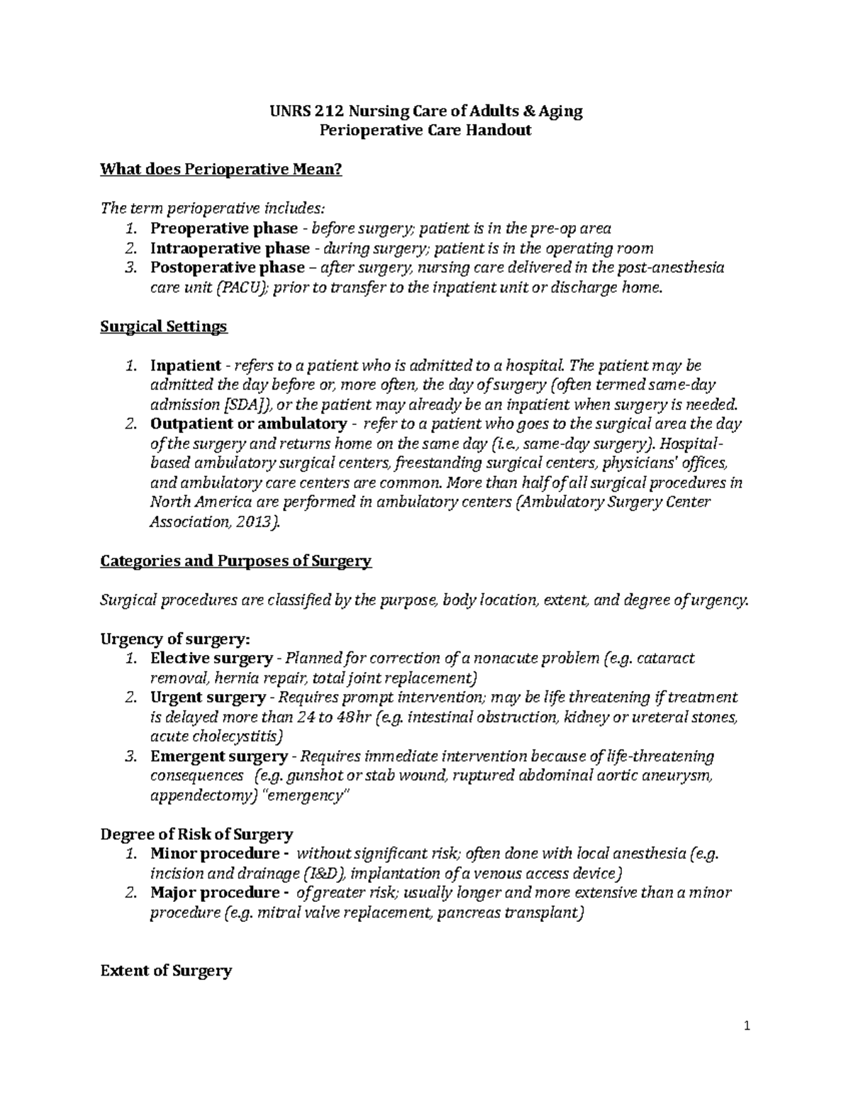 UNRS 212 Perioperative Handout - UNRS 212 Nursing Care of Adults ...
