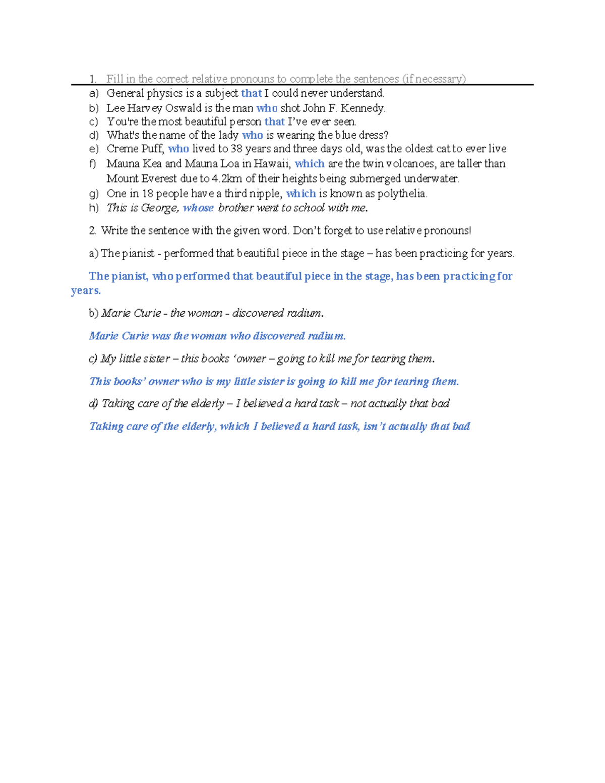 Answer Key: Relative Pronouns and Clauses - Studocu