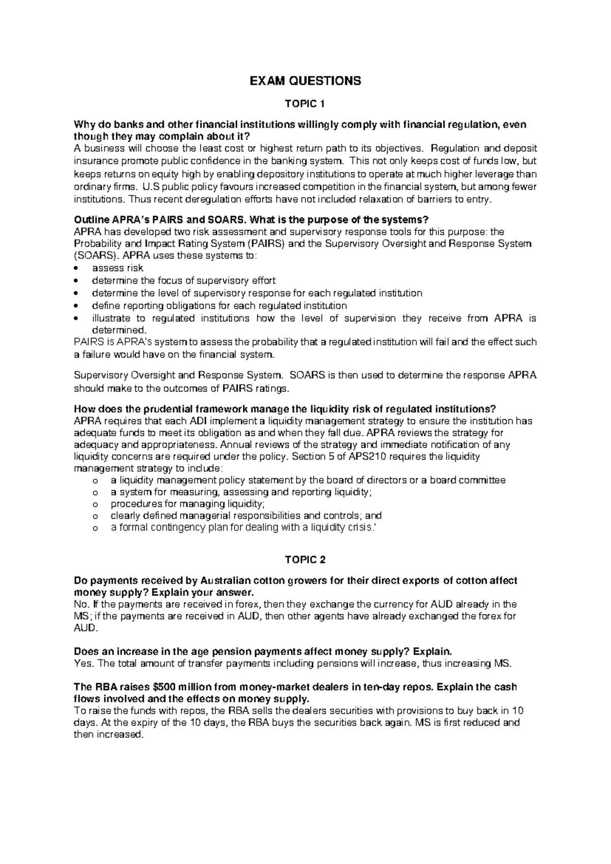 Potential Exam Questions for FIN 301: Financial Institutions - Studocu