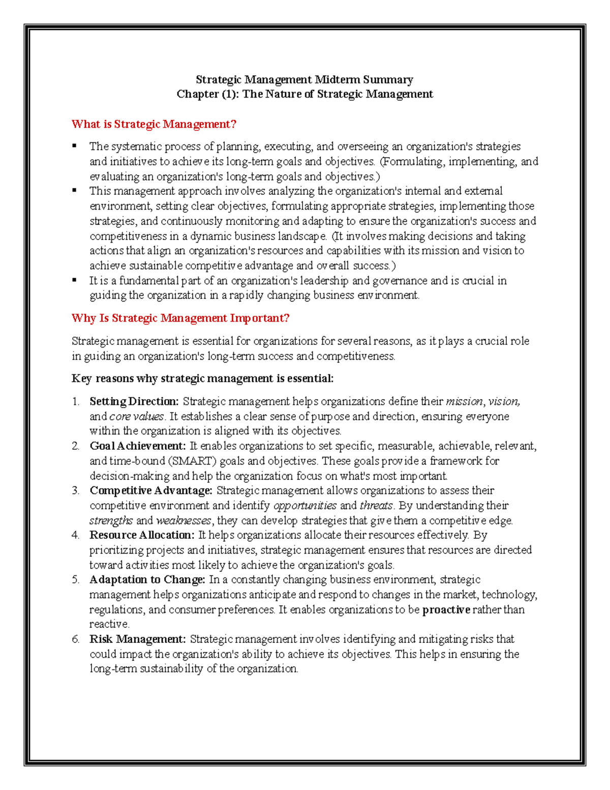 Strategic Management MGT101 Midterm Overview and Key Concepts - Studocu