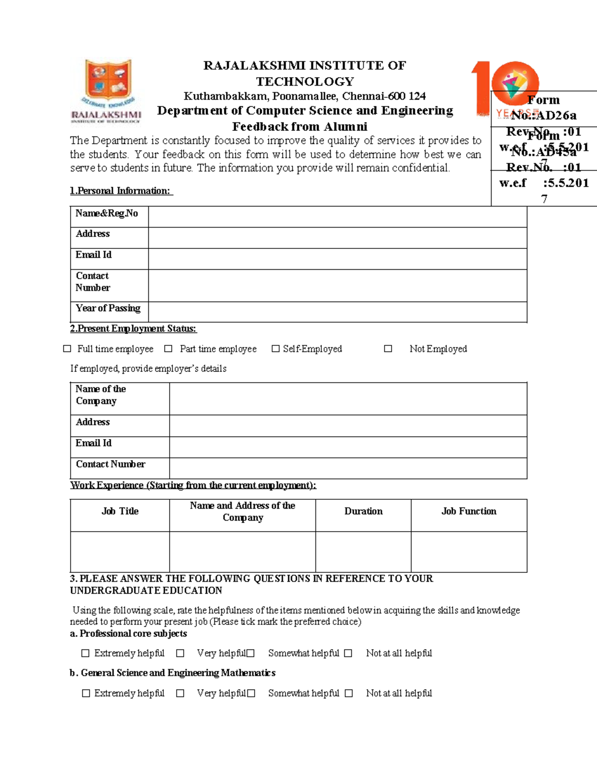 CSE Alumni Feedback Form - RAJALAKSHMI INSTITUTE OF TECHNOLOGY - Studocu