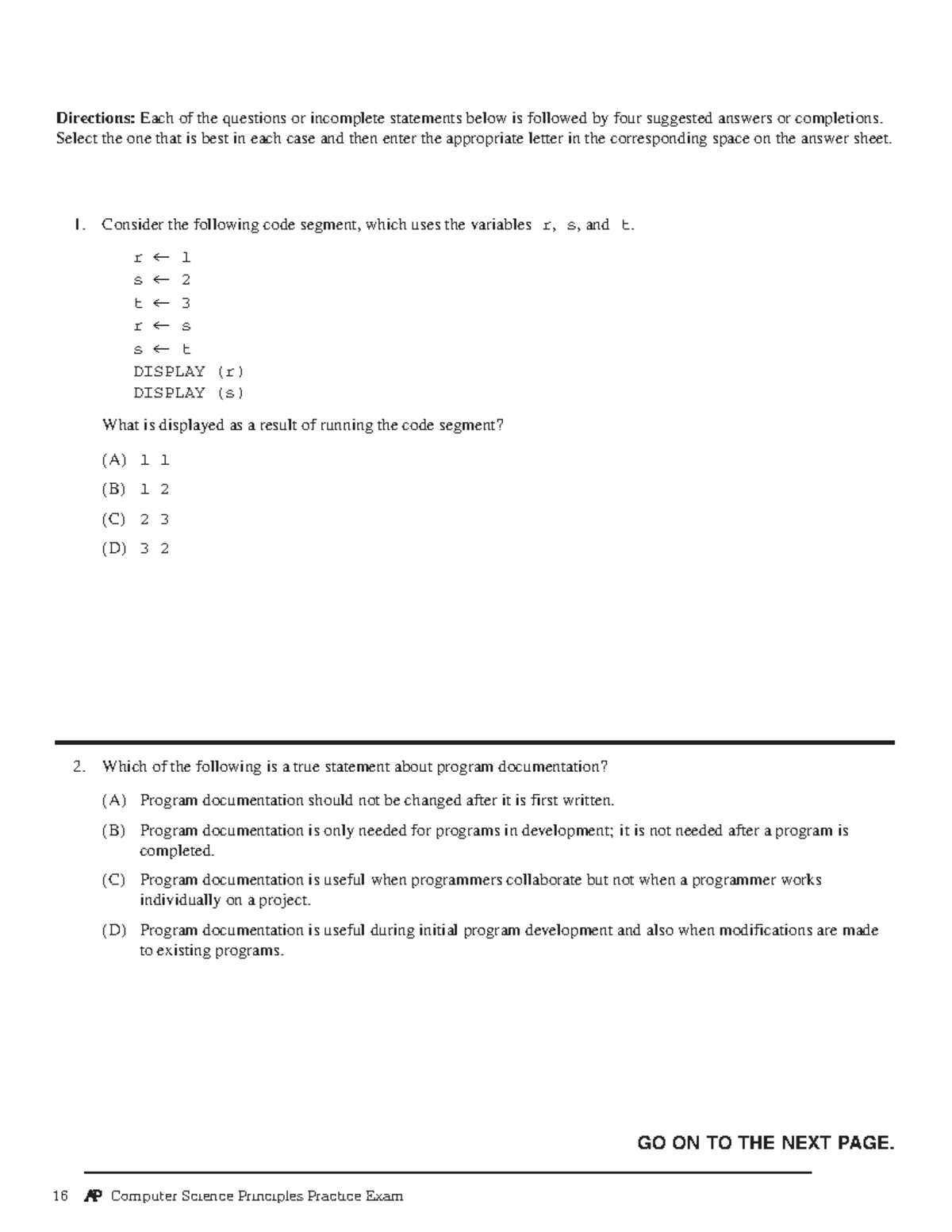 AP Computer Science Principles Practice Exam and Notes - r ← 1 s ← 2 t ...
