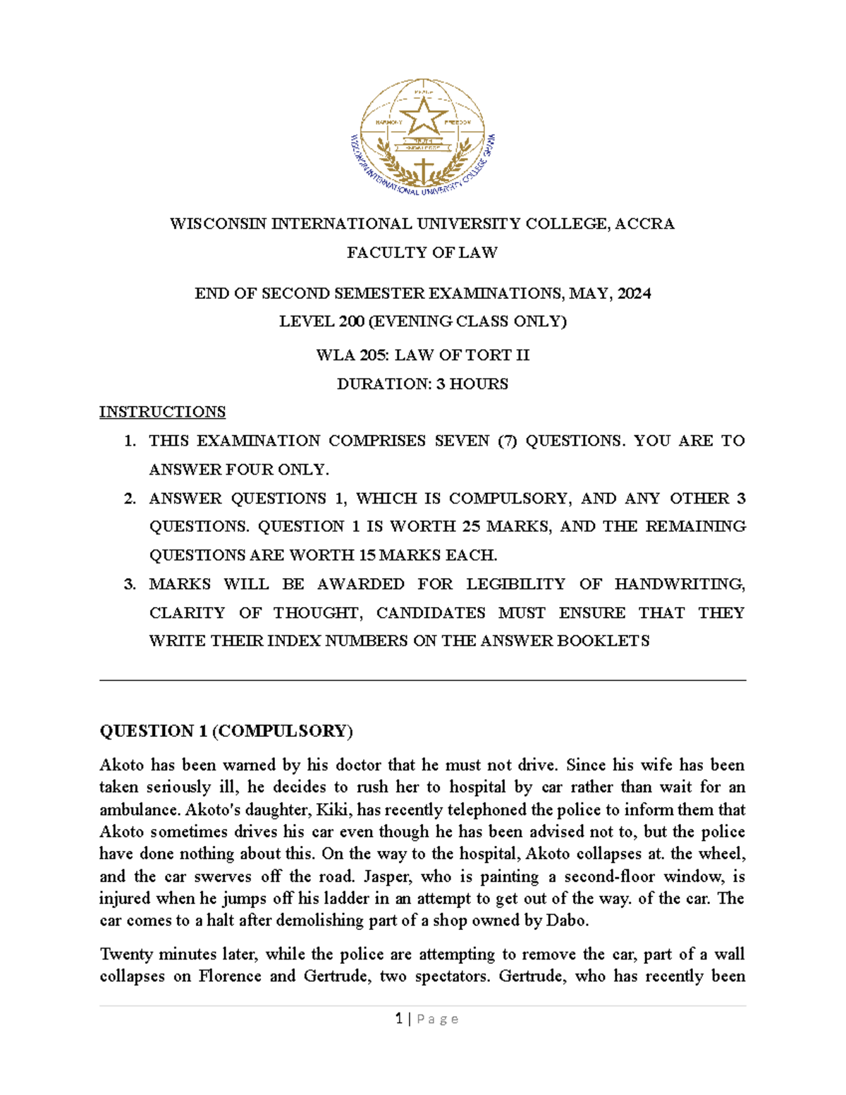 WLA 205: Law of Tort II - Past Exam Questions & Analysis 2024 - Studocu