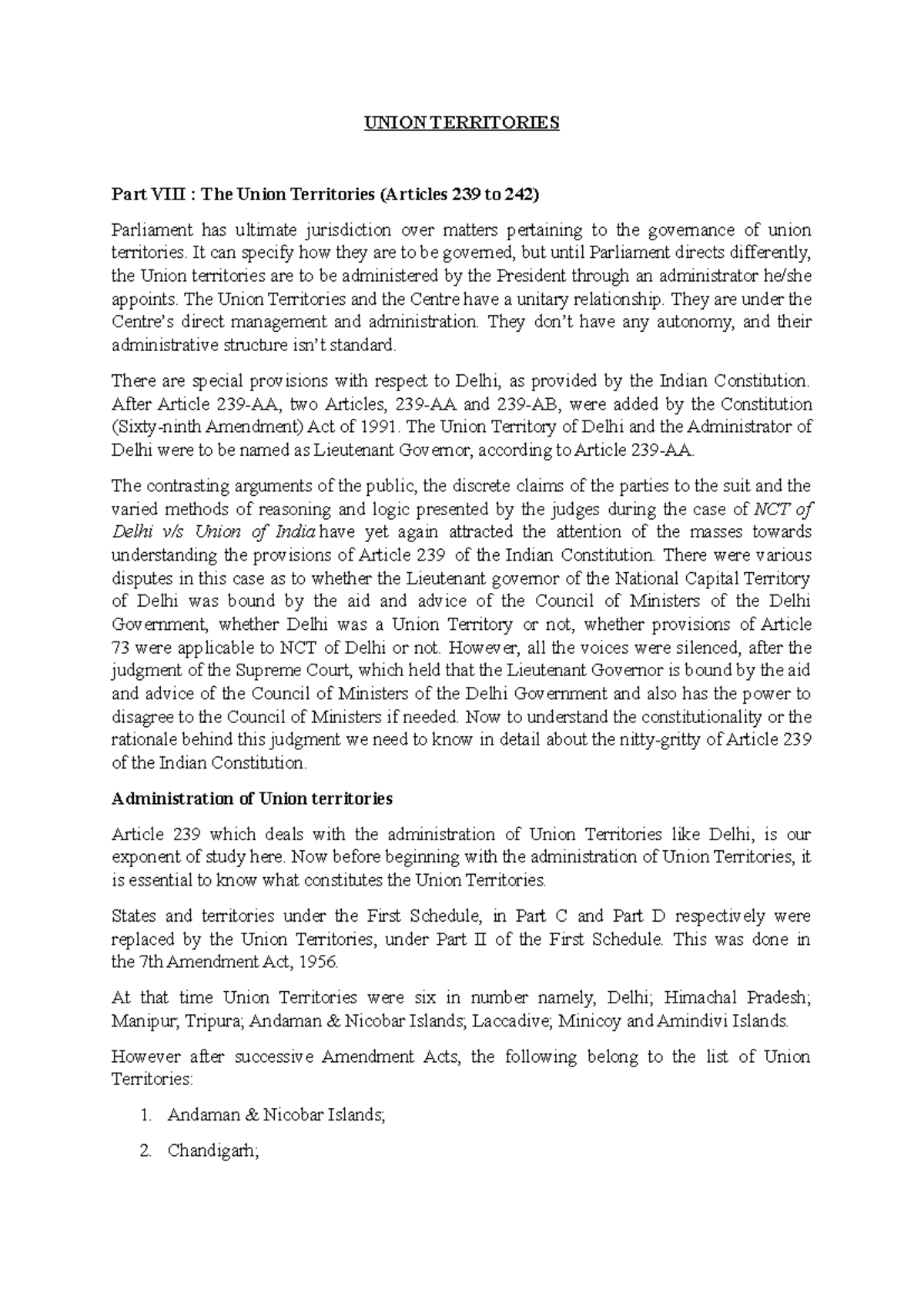 Union Territories: Governance and Constitutional Provisions (Articles ...