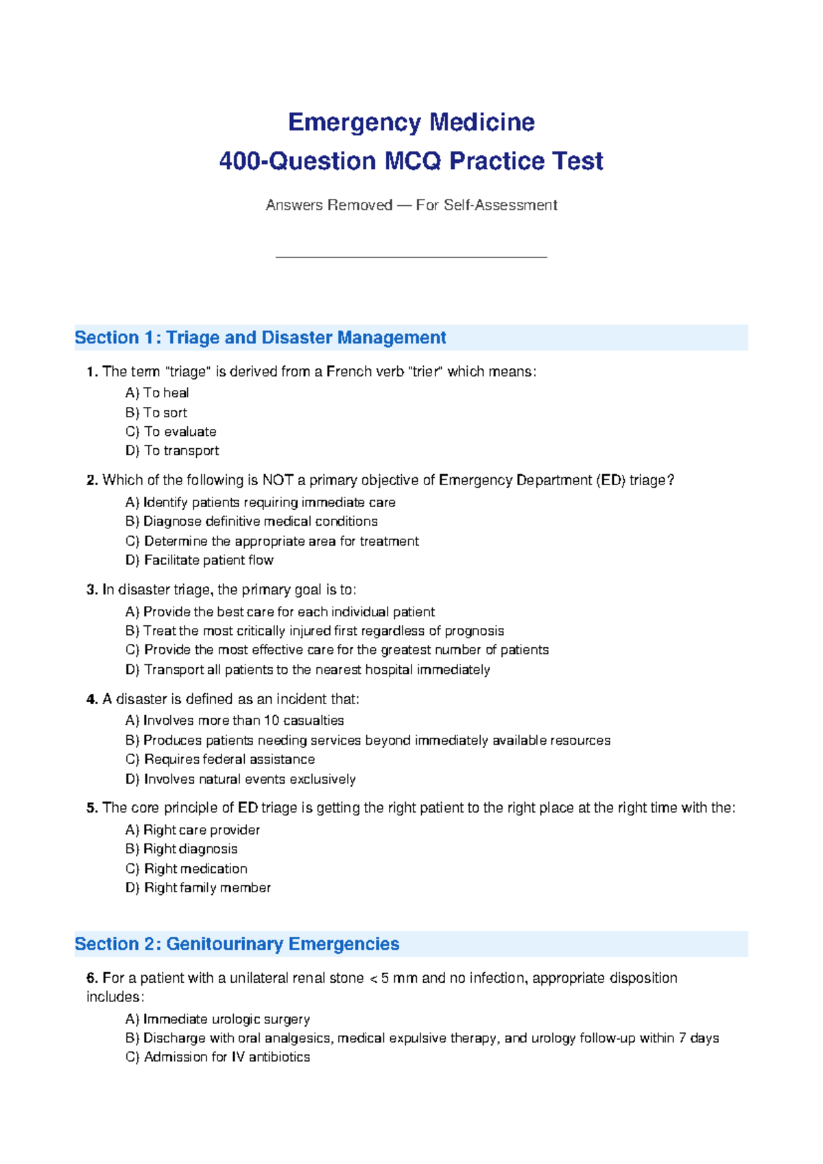 EM 400 Final Exam MCQ Practice Test on Emergency Medicine Topics - Studocu