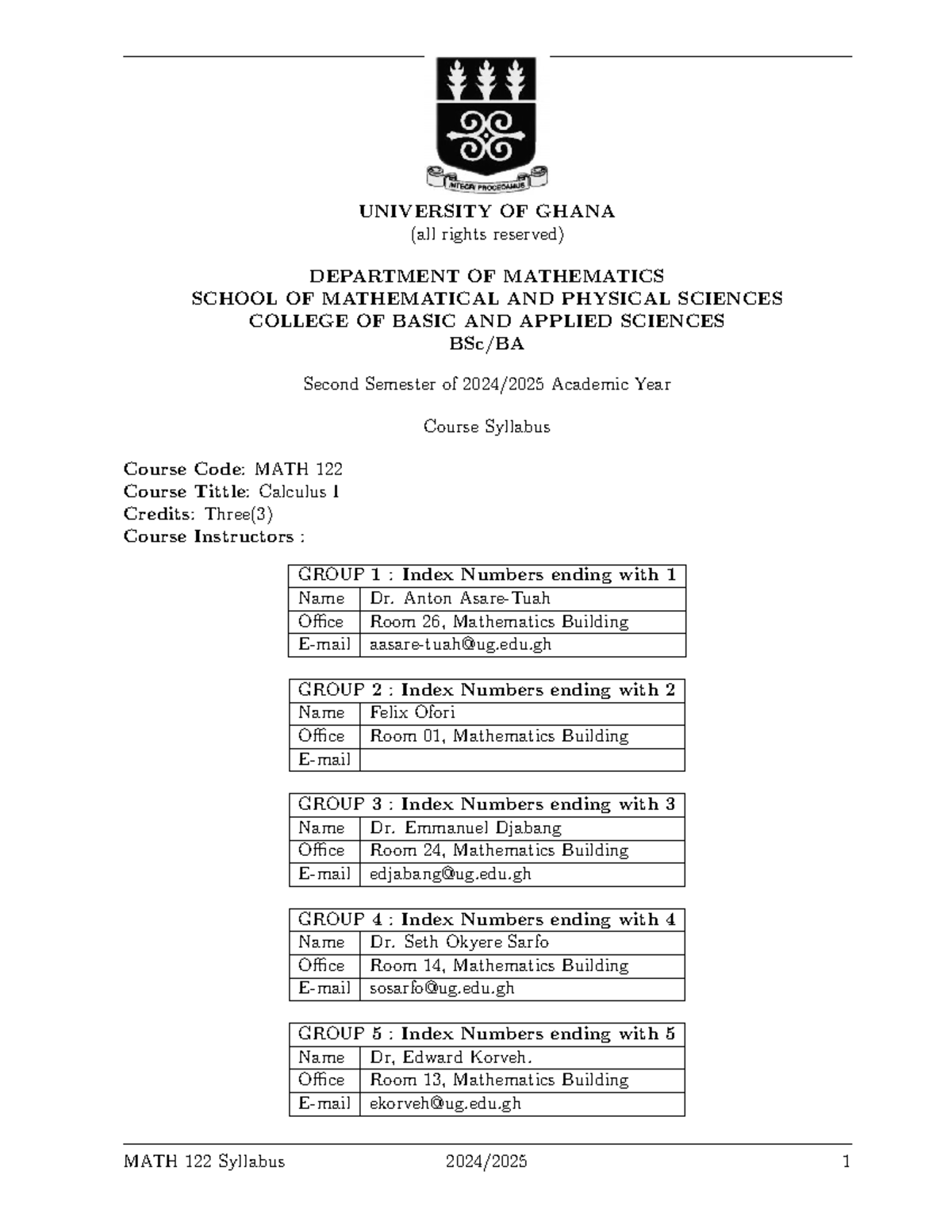 MATH 122 Syllabus: Calculus I Course Outline 2024-2025 - Studocu