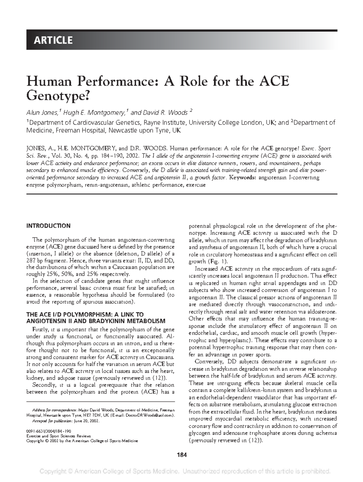 Human performance - a role for the ACE genotype - ARTICLE Human ...