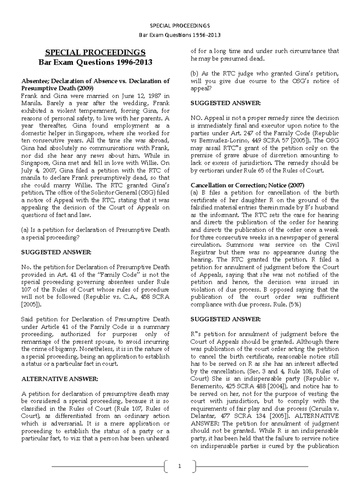 SPEC PRO BAR Qs - Case Digests and Reviewers of the Supreme Court - Studocu