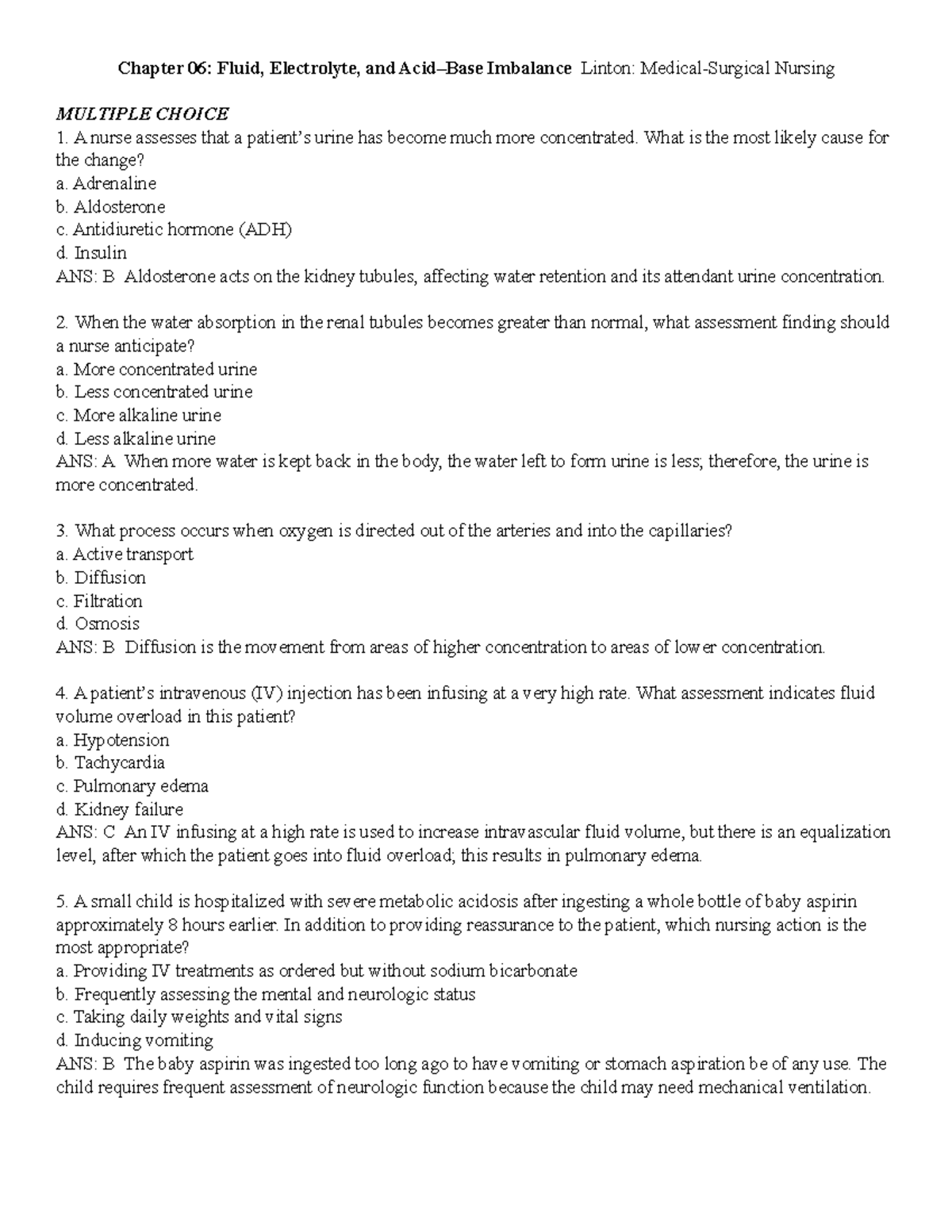 Linton NSG 240 Chapter 6 Fluid & Electrolyte Imbalance Test Questions ...
