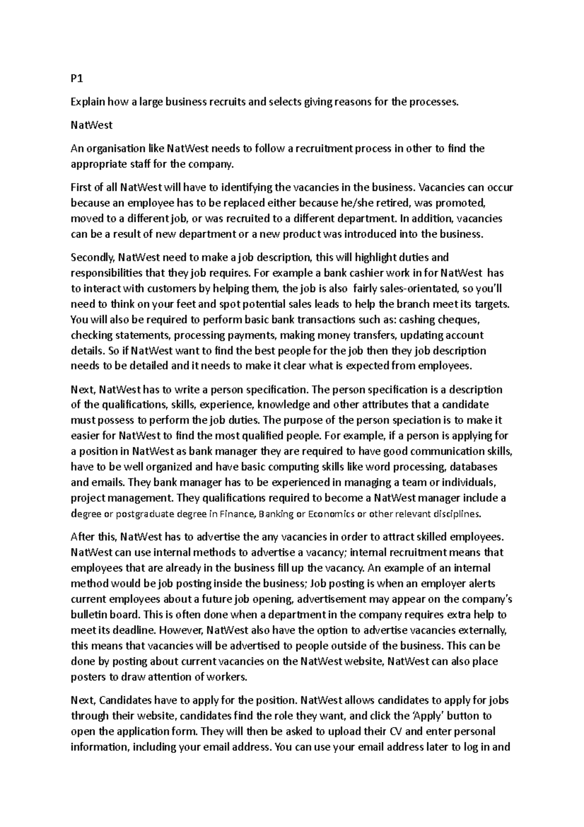 Unit 8 assignment 1 - Recruitment and selection process for a business ...