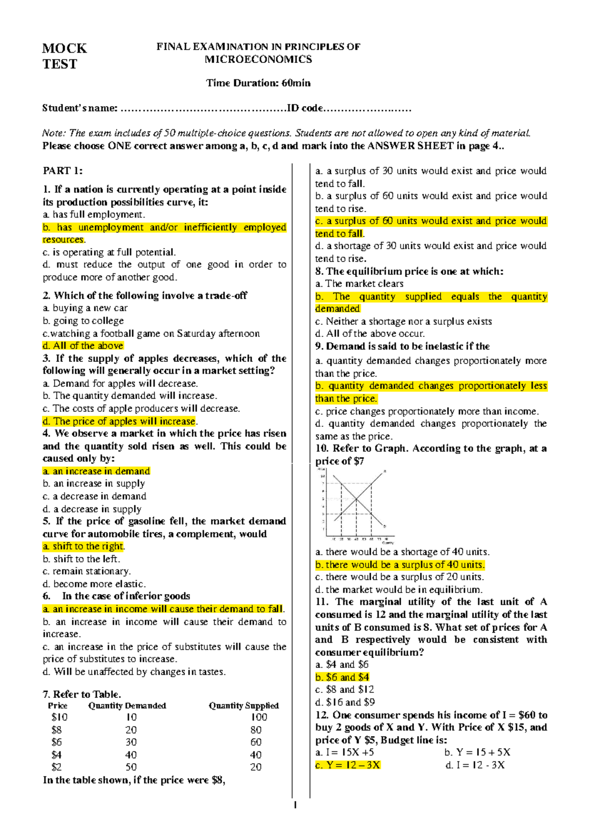 FINAL EXAM MOCK TEST: PRINCIPLES OF MICROECONOMICS (60 min) - Studocu
