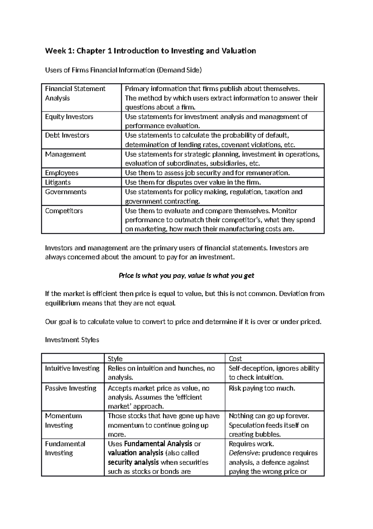 BAV Lecture notes: Chapter 1 introduction to investing and valuation ...