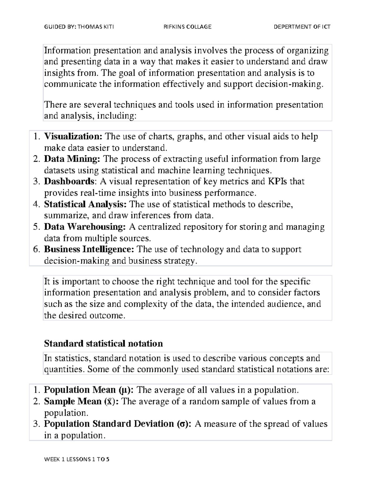 Week 1 Lesson 1-5: Techniques in Data Presentation and Analysis - Studocu