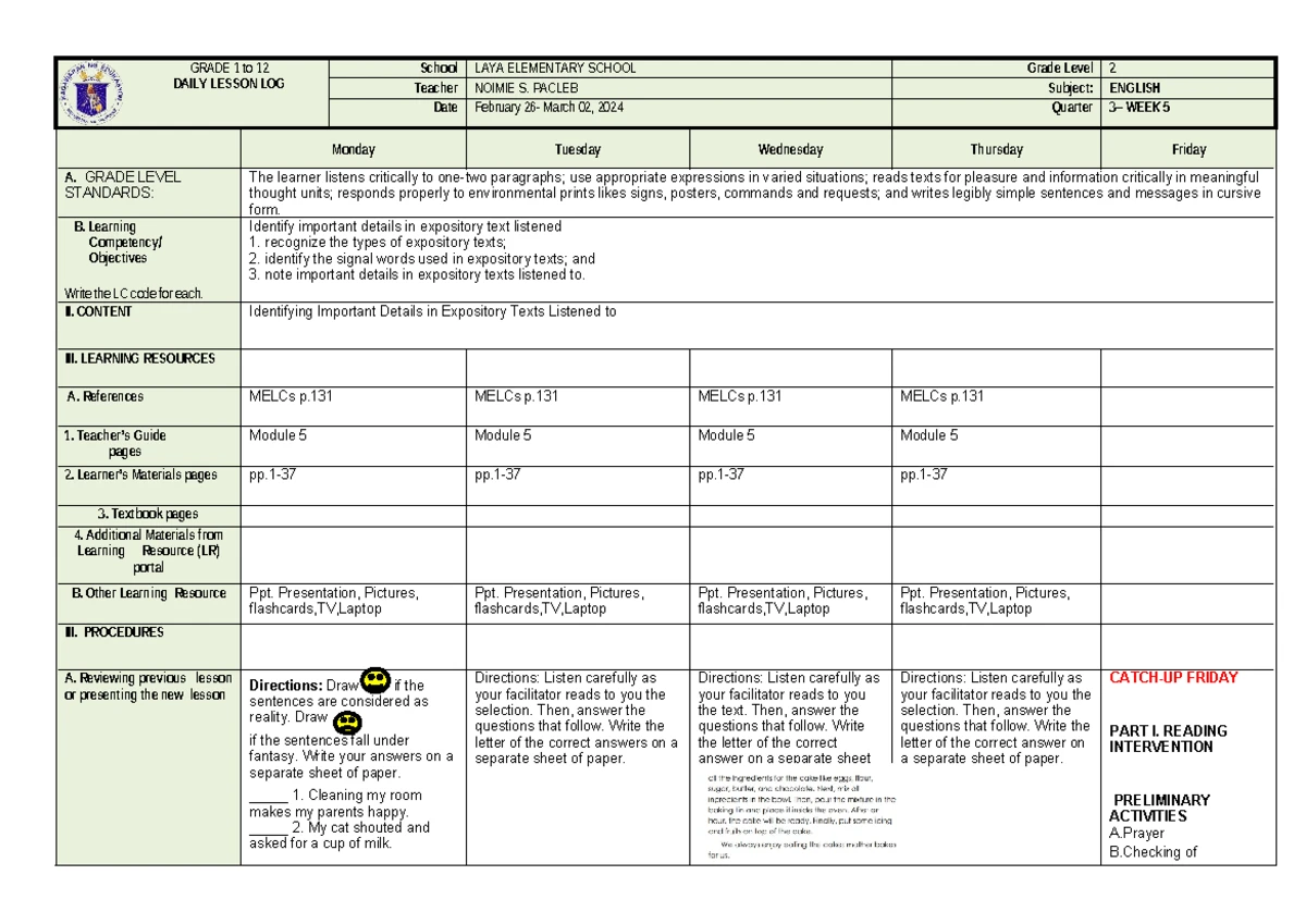 DLL Grade 2 Quarter 3 Week 5 Lesson Plans for MAPEH - Studocu