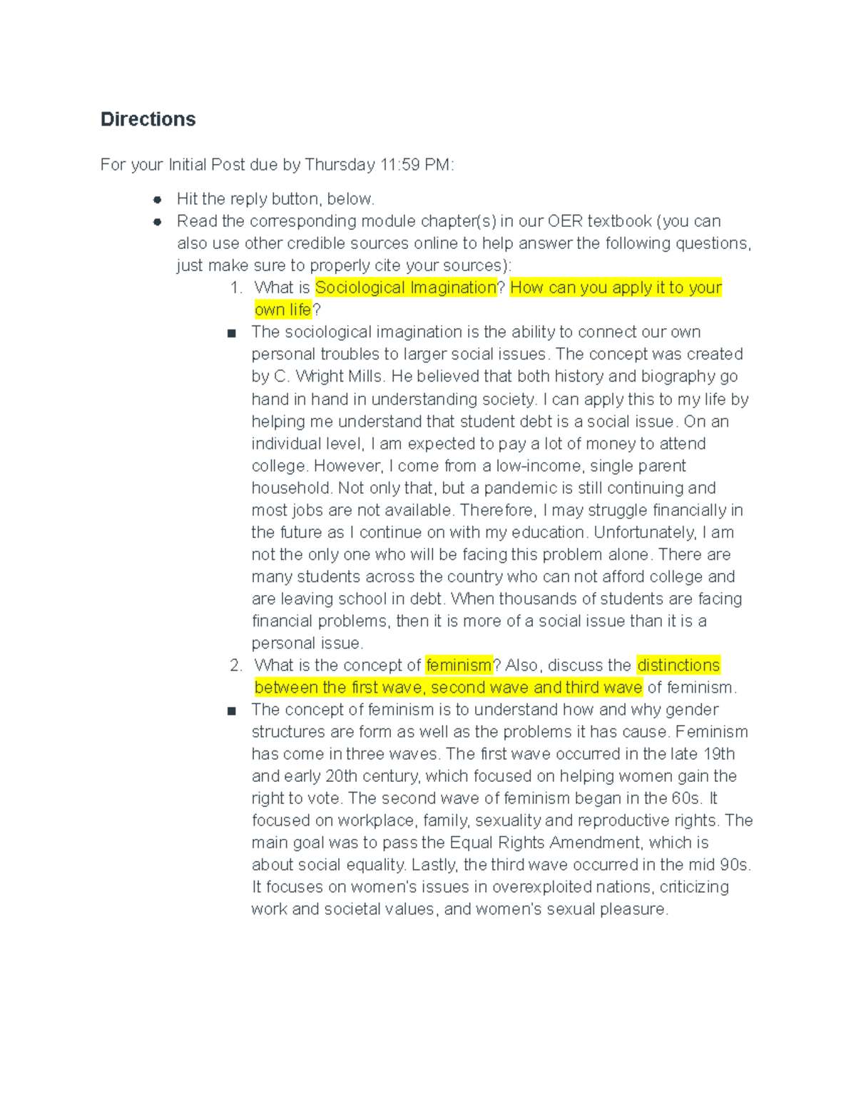Week 1 - Discussion Post - Directions For your Initial Post due by ...