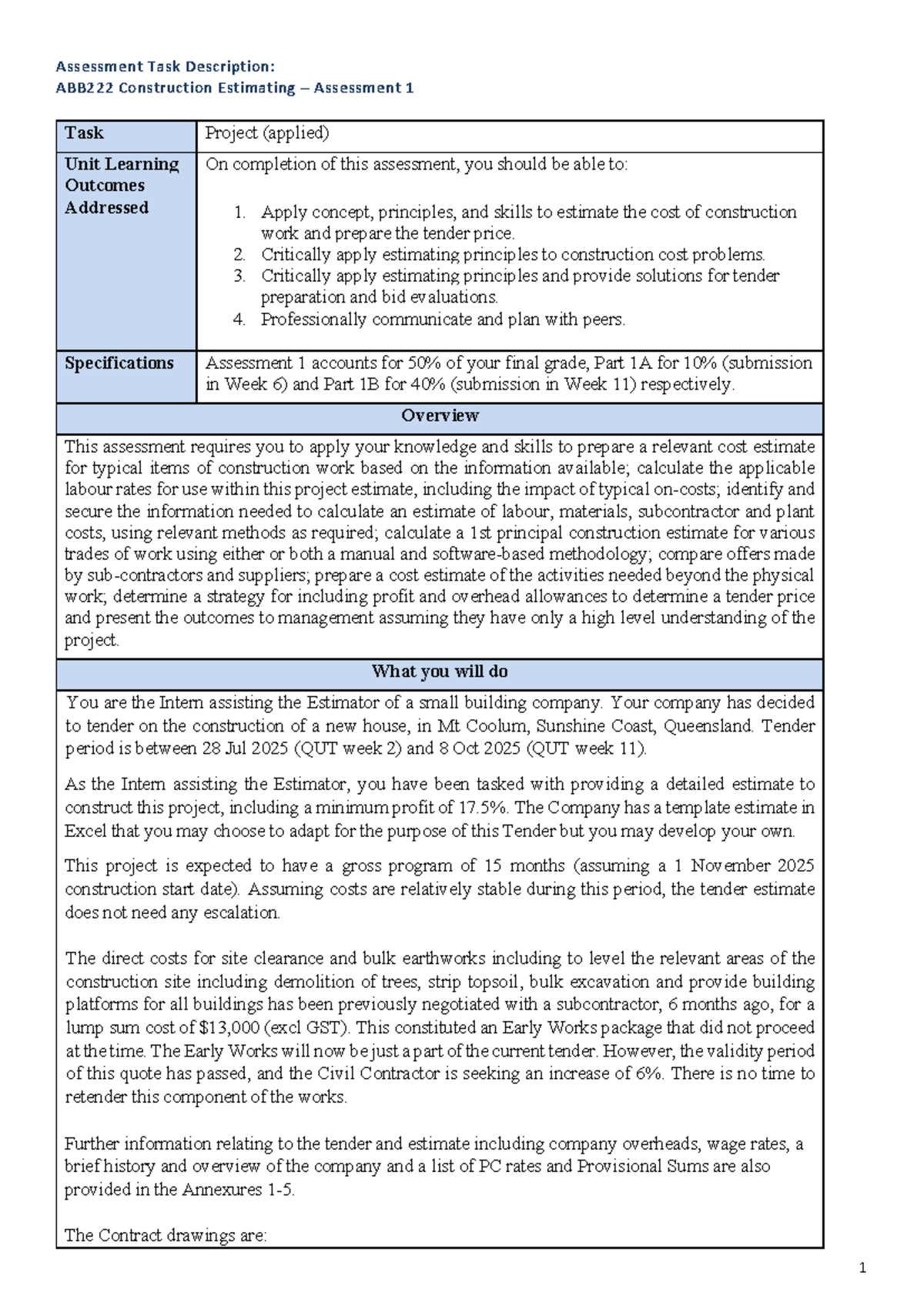 ABB222 2025 Construction Estimating Assessment 1 Task Overview - Studocu