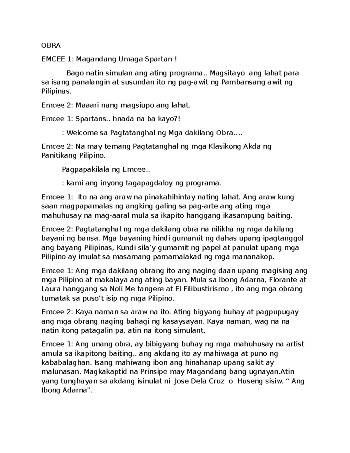 OBRA EMCEE 1: Pagtatanghal ng Klasikong Akda ng Panitikang Pilipino ...