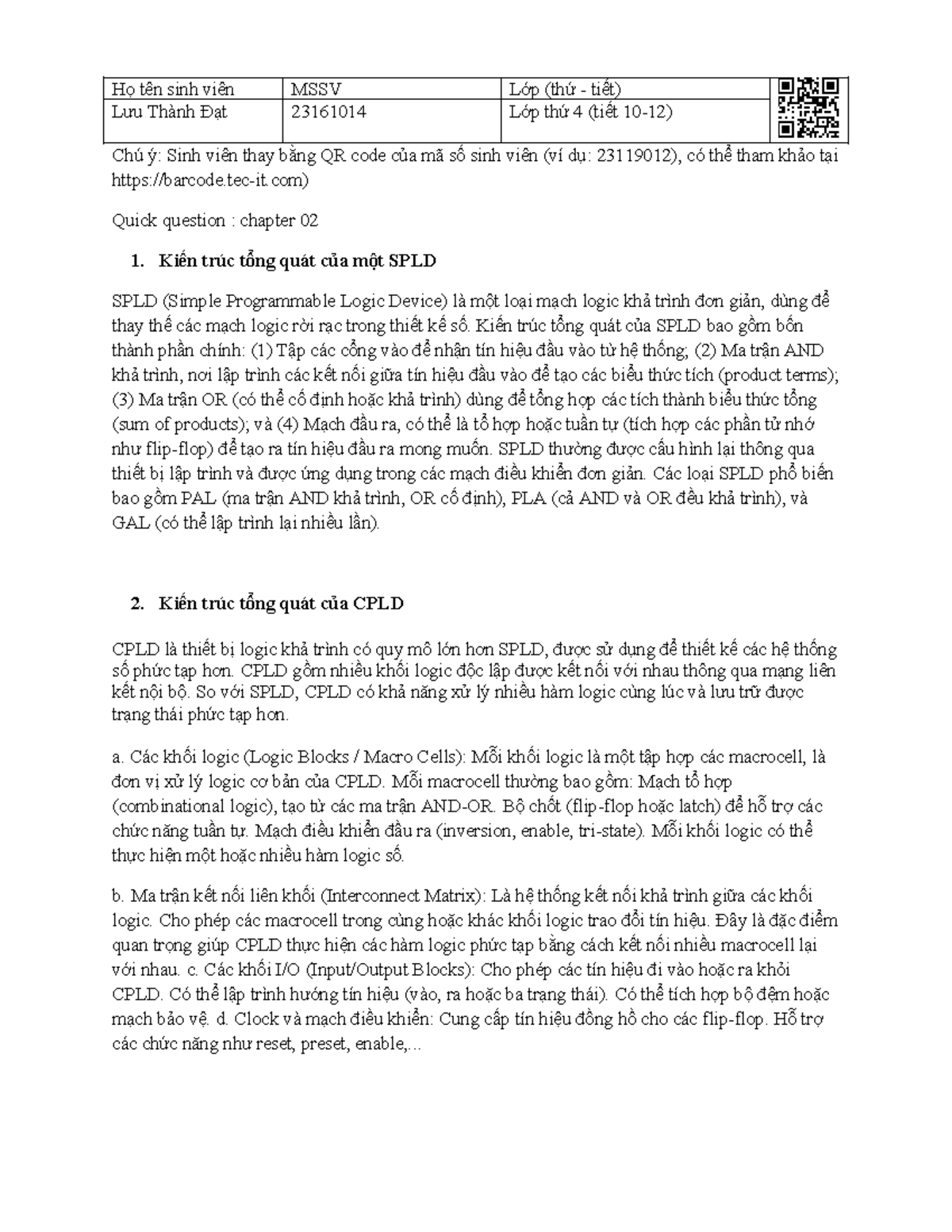 Quick Question: Chương 02 - Kiến Trúc SPLD và CPLD (Final Exam) - Studocu
