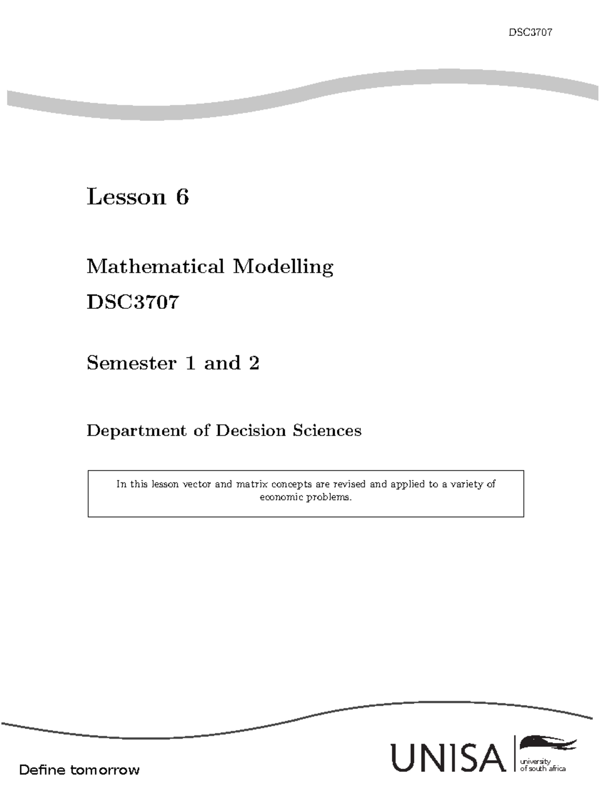 DSC3707 Lesson 6: Mathematical Modelling and Applications - Studocu