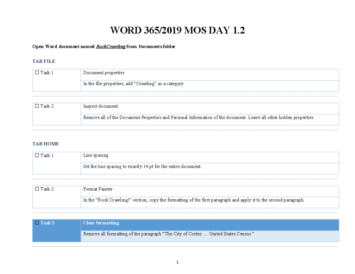WORD MOS DAY 1.2: Document Formatting and Properties Tasks - Studocu