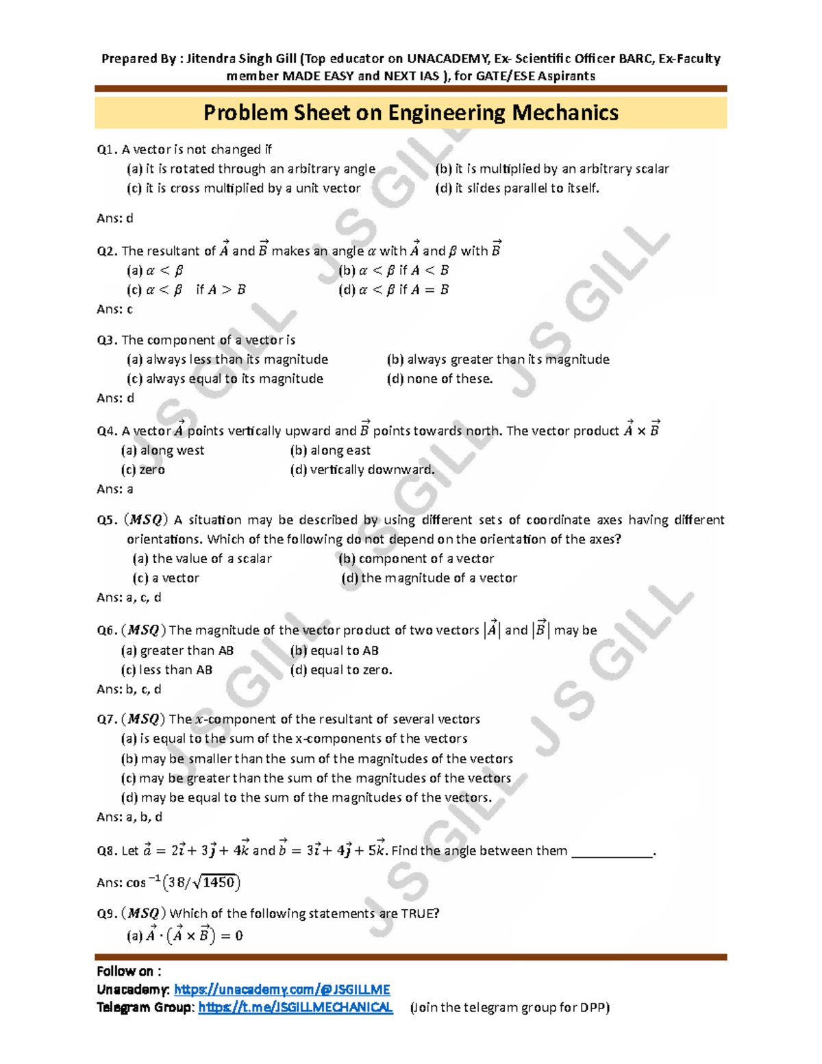 Engineering Mechanics EM Course Problem Sheet for Aspirants (Feb 2024 ...