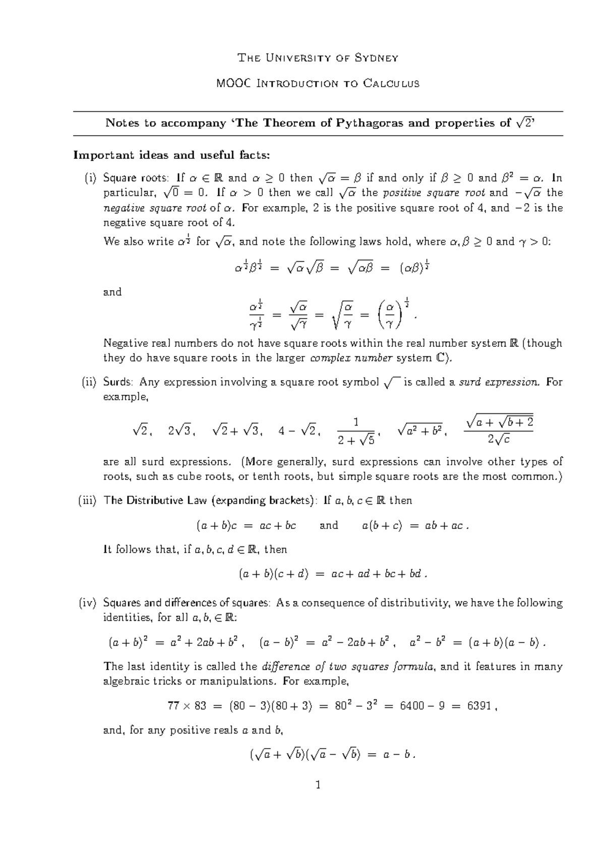 The University of Sydney MOOC Calculus Notes: Pythagorean Theorem ...
