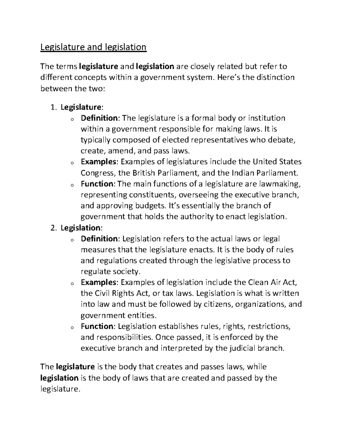Legislature & Legislation - Comprehensive Notes for Understanding - Studocu