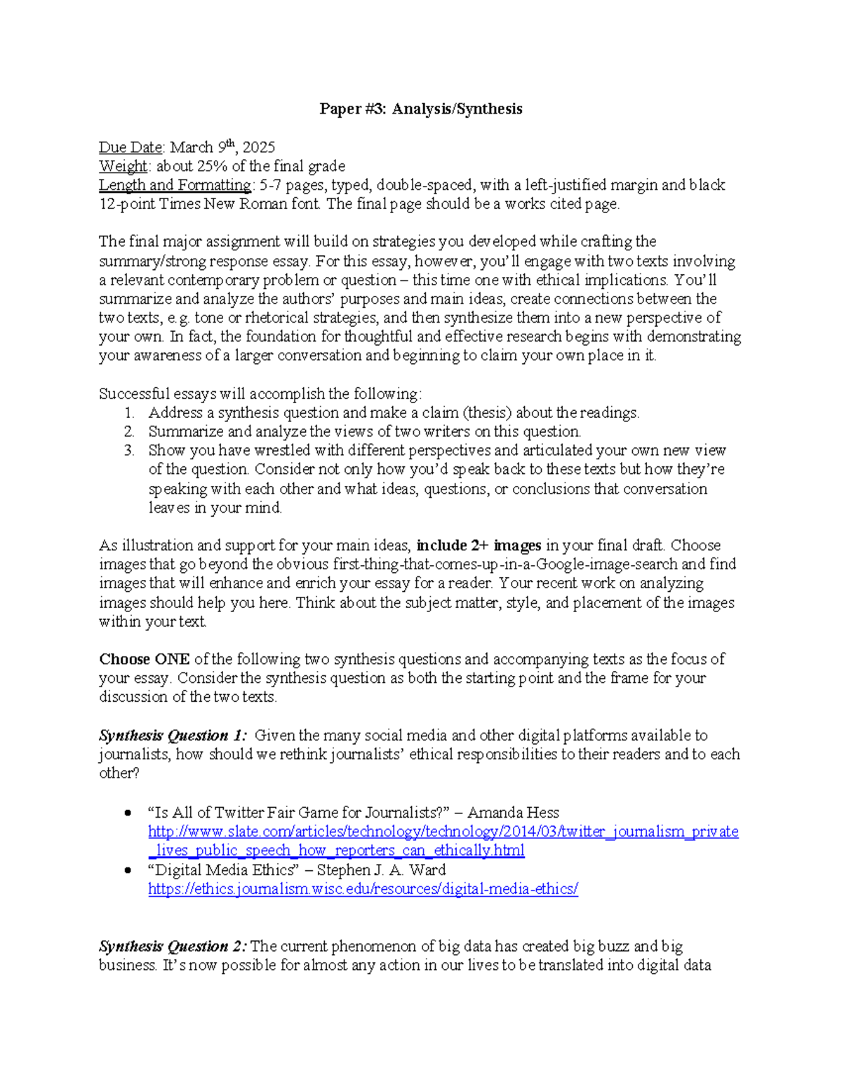 Analysis synthesis essay guidelines for paper #3 - Studocu