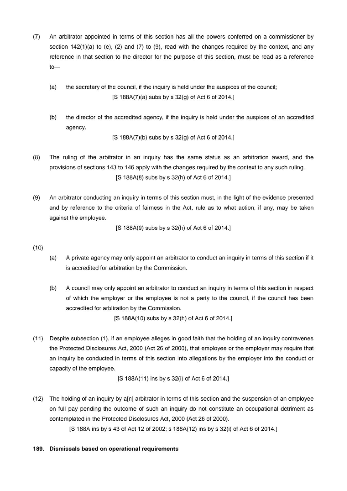 LRA 1995: Sections 189 to 189A - Dismissal Procedures and Arbitrator ...