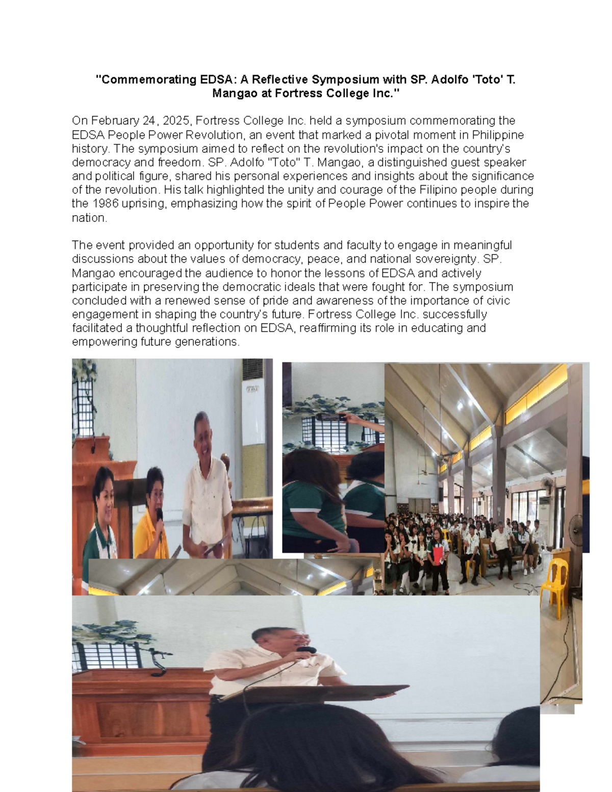 Commemorating EDSA: Reflections from SP. Adolfo T. Mangao at Fortress ...