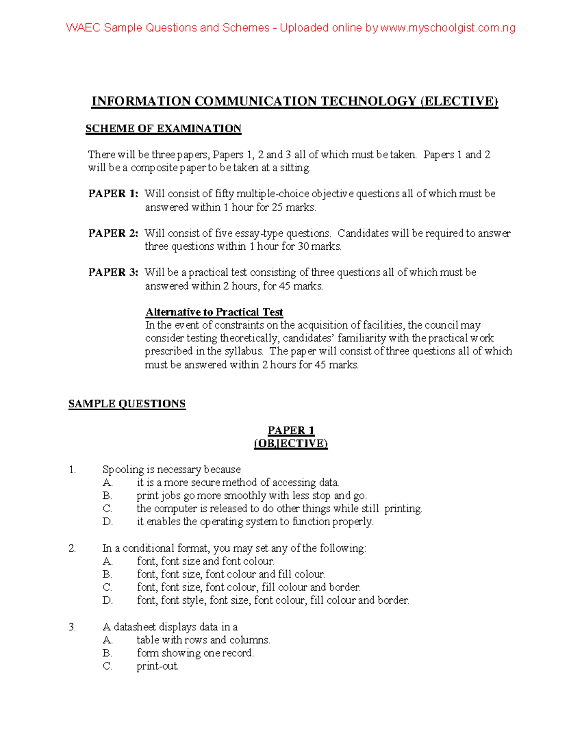 WAEC ICT (ELECTIVE) Sample Questions & Exam Scheme Guide - Studocu