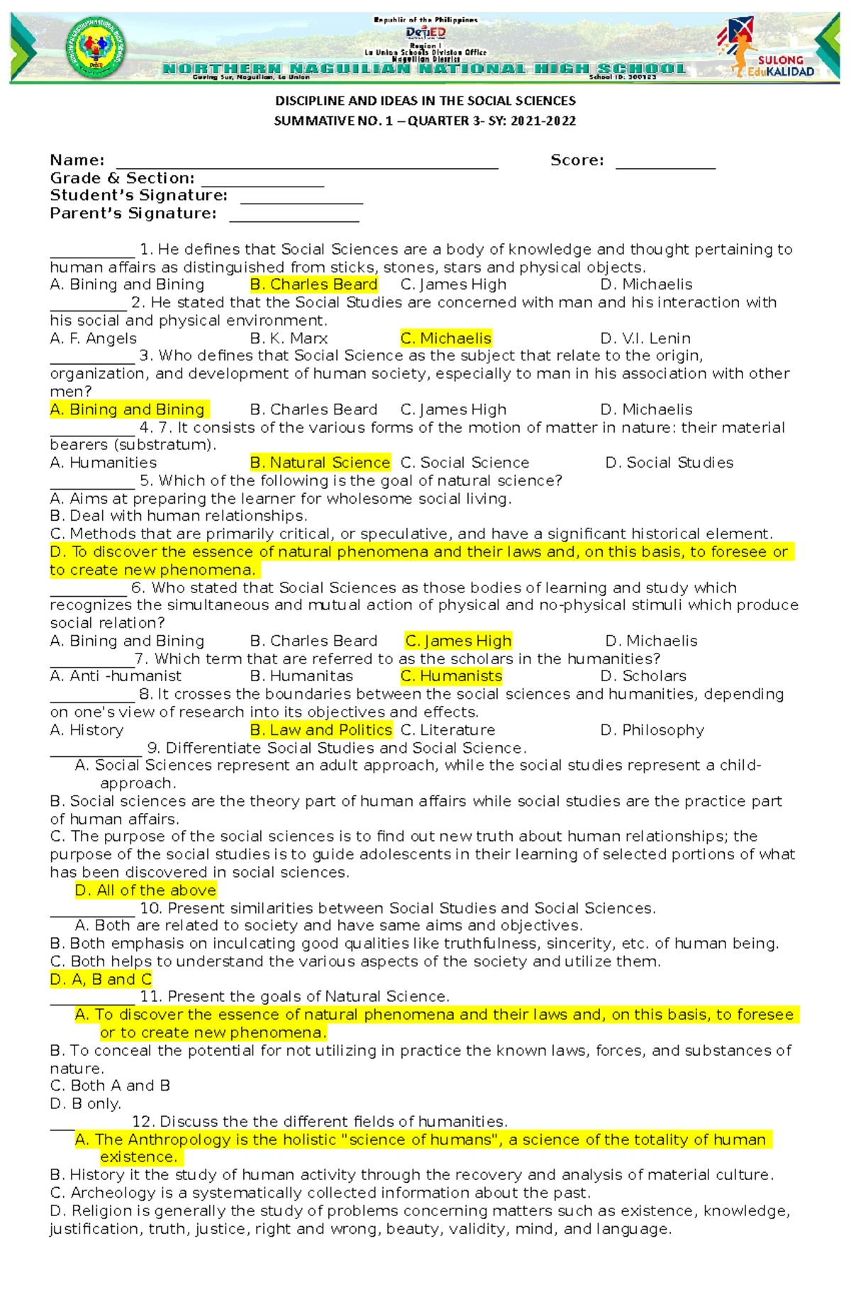 Summative Test on Disciplines & Ideas in Social Sciences (SOCSCI 101 ...