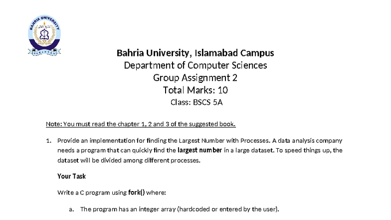 BSCS 5A Group Assignment 2: Finding Largest Number with Processes - Studocu