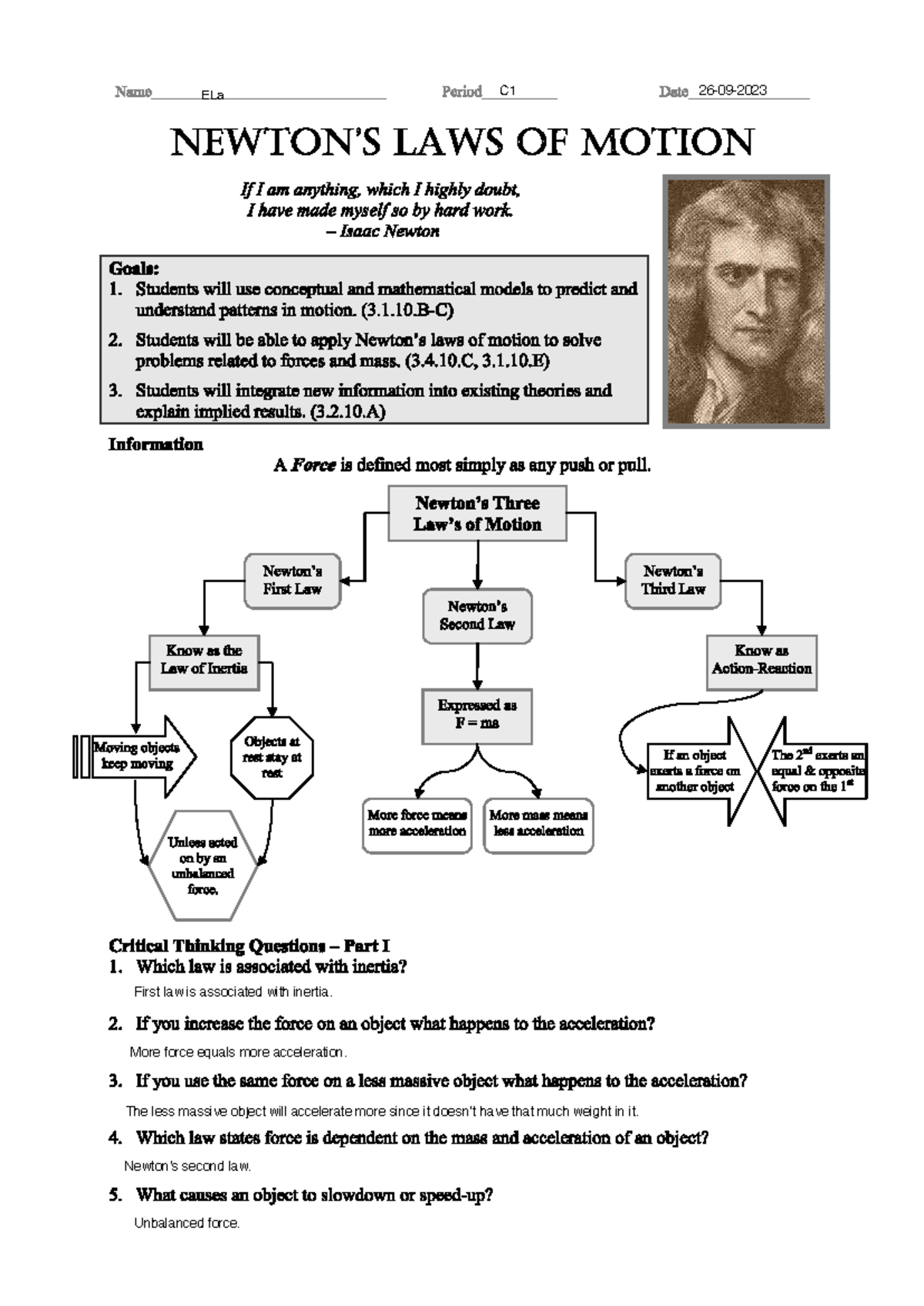 Newtons Laws Worksheet: Understanding Inertia and Acceleration - Studocu