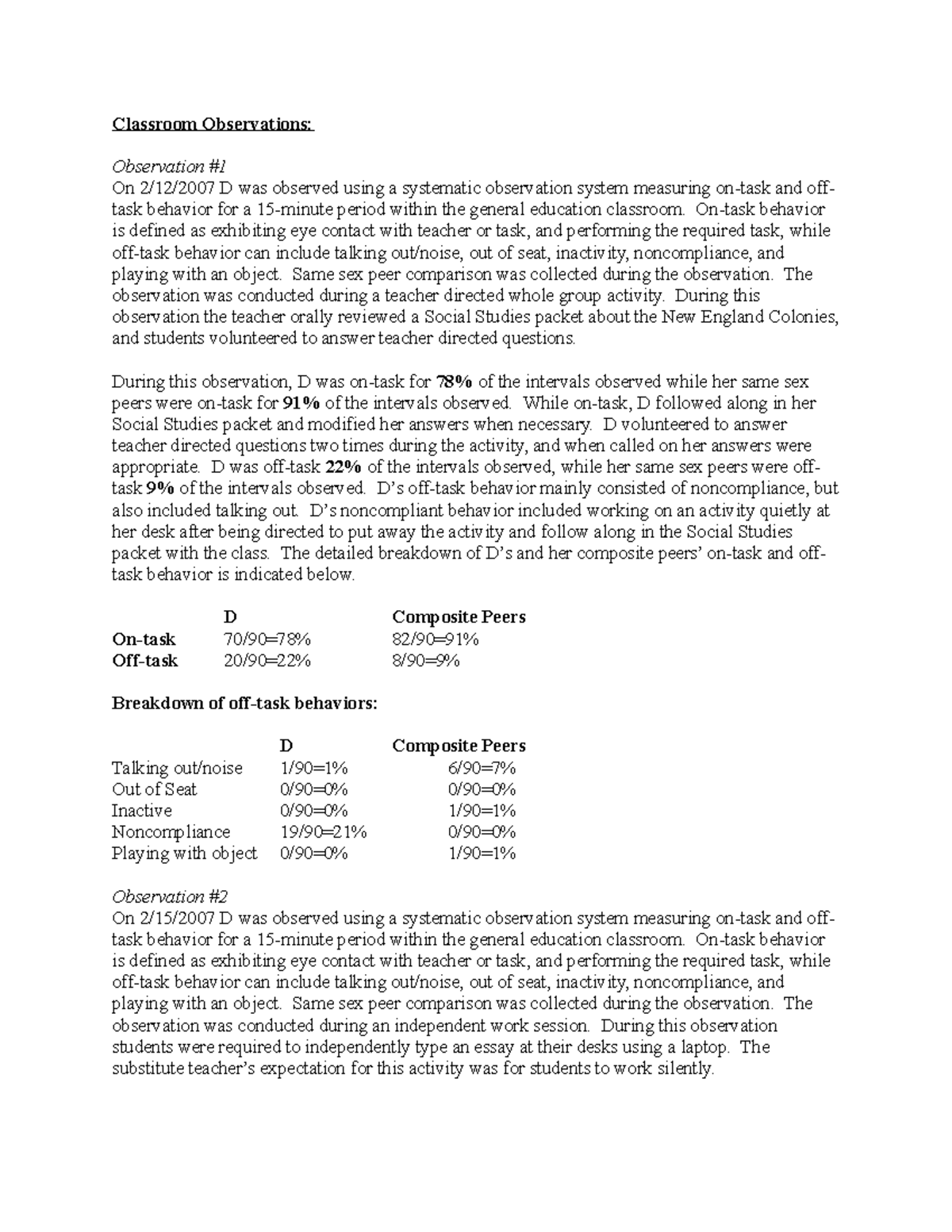 Classroom Observations: Analyzing On-Task vs. Off-Task Behaviors - Studocu