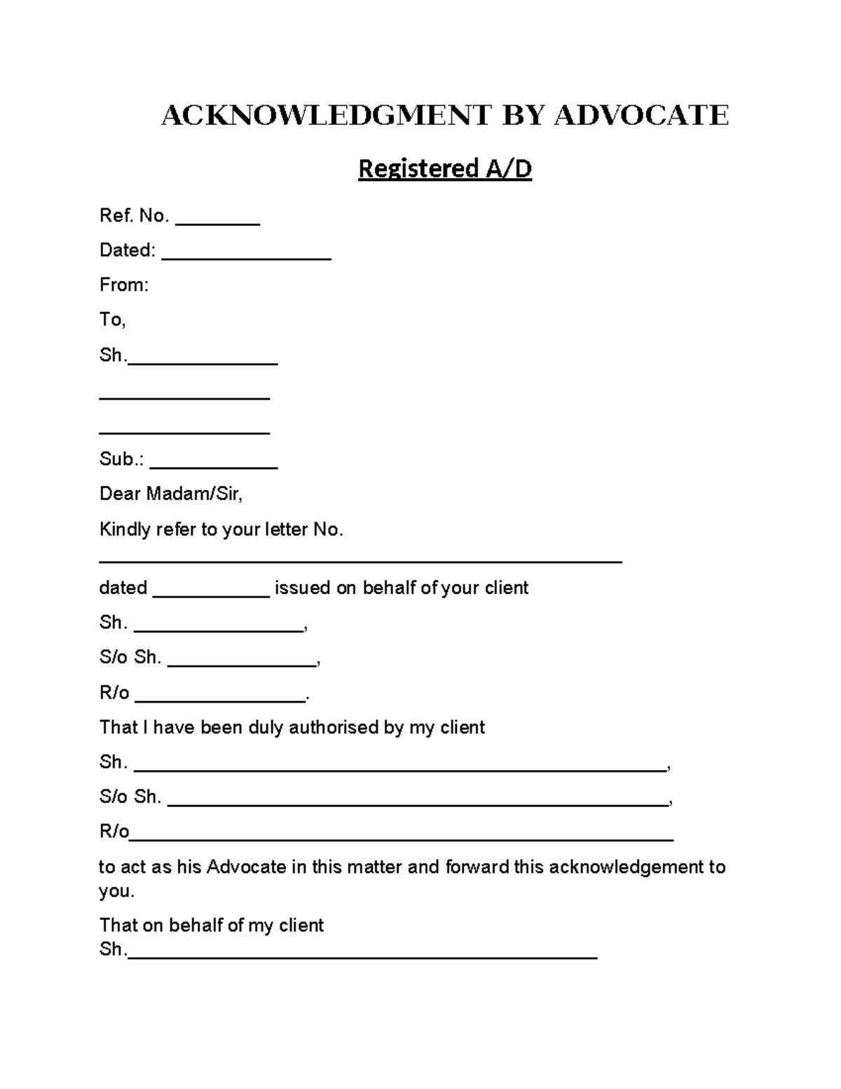 Acknowledgment BY Advocate - ACKNOWLEDGMENT BY ADVOCATE Registered A/D ...