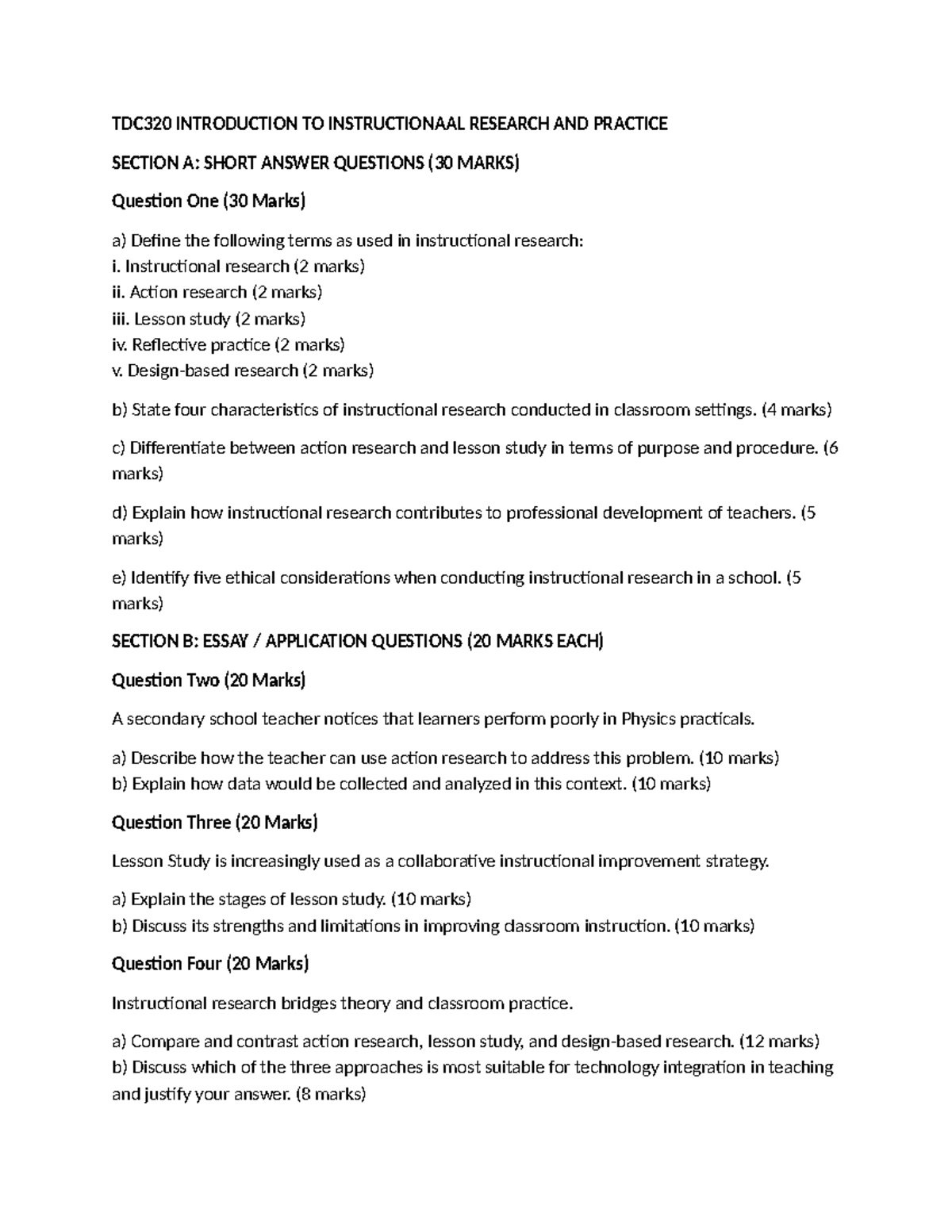 TDC320 Instructional Research & Practice: Short Answer & Essay ...