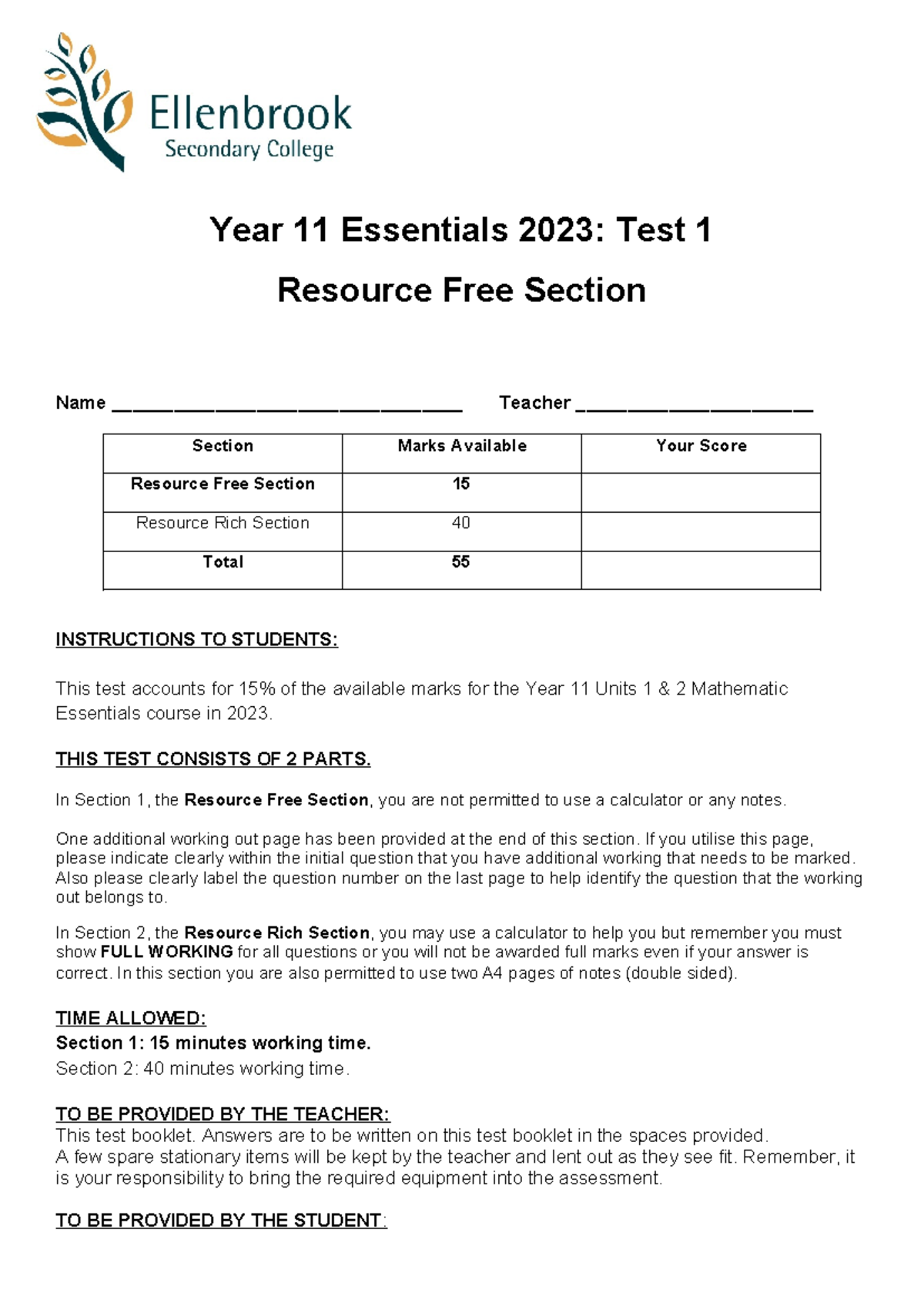 Year 11 Essentials 2023: Mathematics Test 1 Overview and Instructions ...