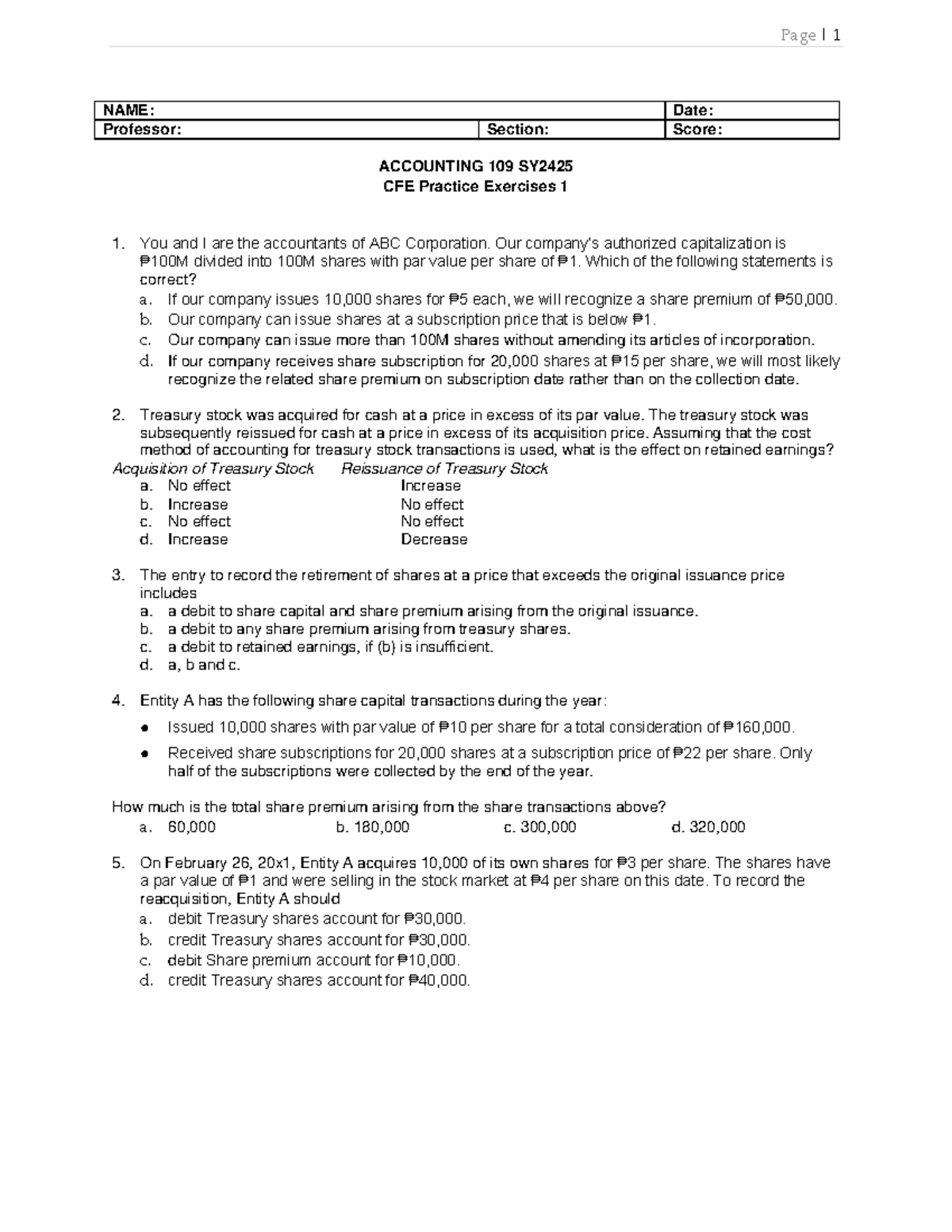 ACC 109 P1 - CFE Practice Exercises and Solutions - Document Preview