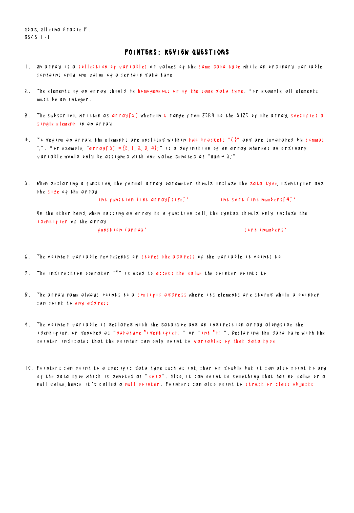 Pointers in C language - Abad, Alleina Gracie P. BSCS 1- 1 POINTERS ...