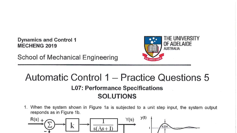 MECHENG 2019: Automatic Control 1 Practice Questions Solutions - Studocu
